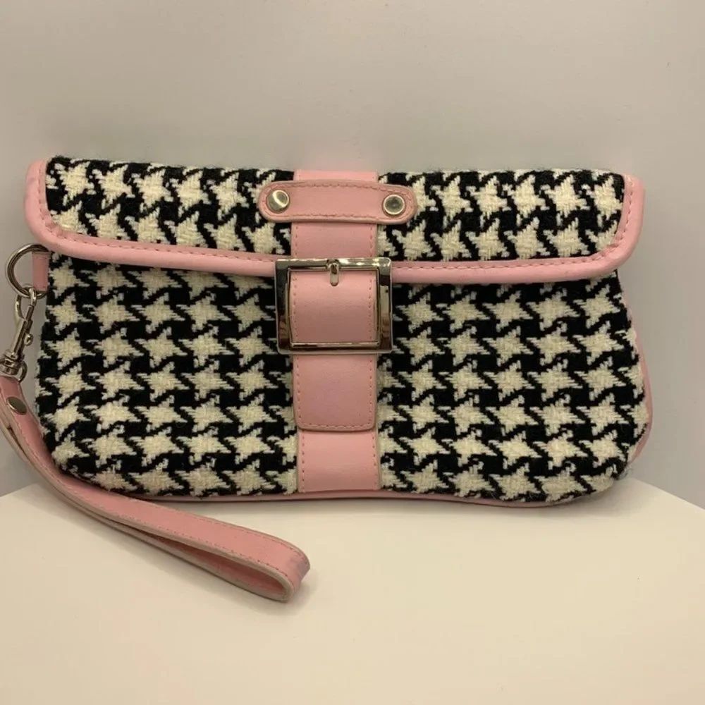 Sondra Roberts 9x5 Houndstooth Black, White and Pink Clutch